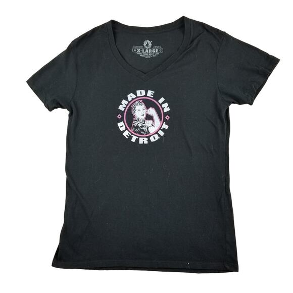 Made In Detroit Women's Black Short Sleeve V-Neck Size Xlarge Rosie The Riveter - Picture 1 of 7